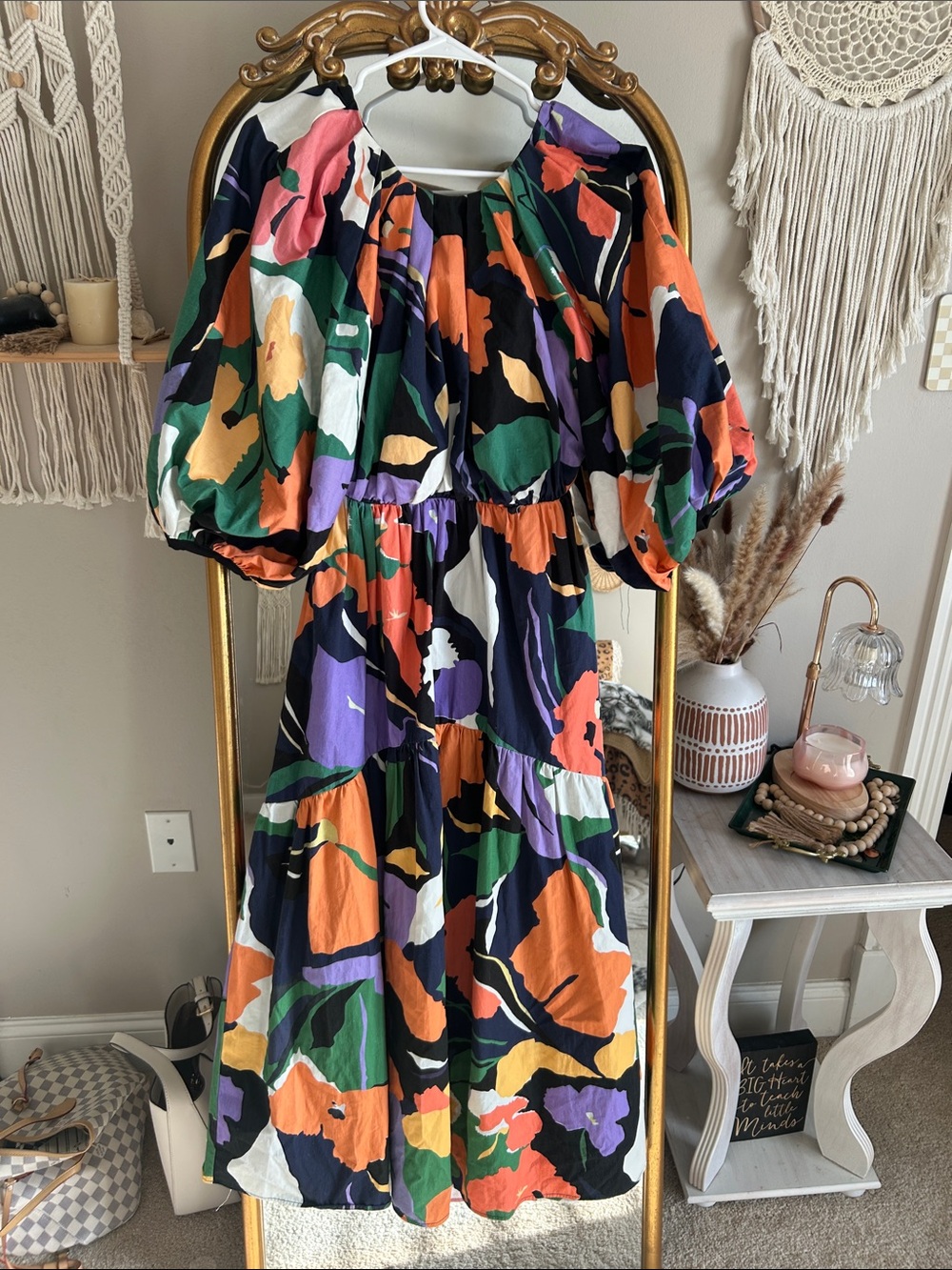 ASOS Multicolor Abstract Floral Puff Sleeve Midi Dress